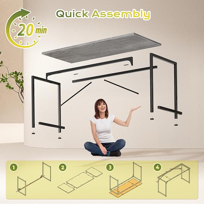 PRAISUN 55 Inch Computer Desk, Home Office Desk with Spacious Desktop, Modern Gaming Desk, Writing Study Table for Bedroom, Small Spaces, Work from Home Desk with Metal Frame, Grey