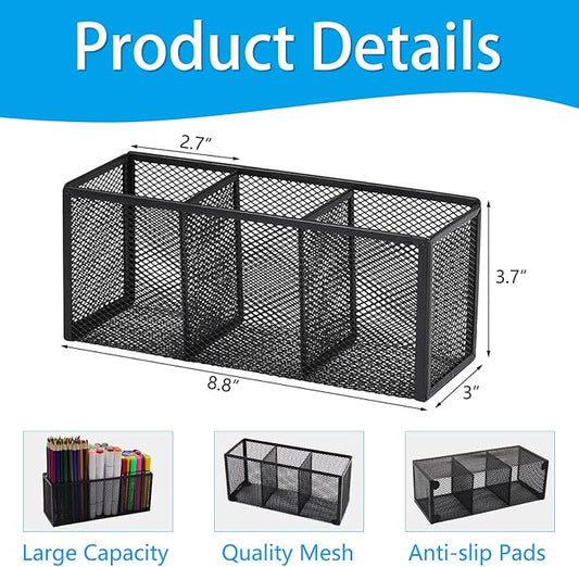 Black Mesh Pen Pencil Holder, Small Metal Desk Organizer Desktop Stationery Office Supplies Acessories Storage Stand, 3 Compartments Brushes Holder for Home School Classroom Teachers