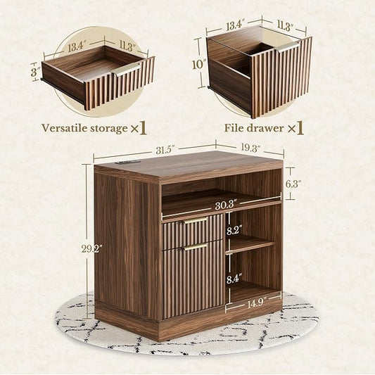 2 Drawer Fluted File Cabinet, 32'' Lateral File Cabinet with Lock and AC/USB for Letter/A4 Size, Wood Filing Cabinet with Storage Shelves for Home Office, Black Walnut
