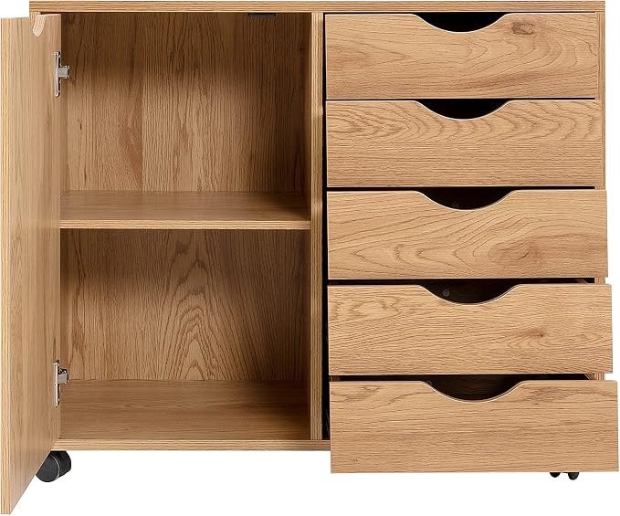 Naomi Home Under Desk Rolling Office File Cabinet with 5 Drawers & Side Storage Cabinet, Mobile Organizer with Shelves & Swivel Casters for Home Office - Natural