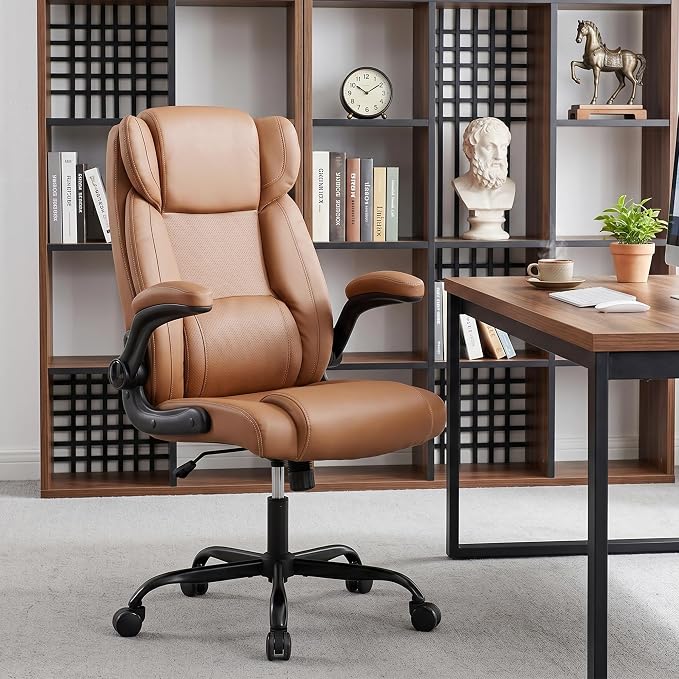 Office Desk Chair,Ergonomic Conference Room Chairs,Mid Back Executive Leather Chair,Comfy Computer Desk Chairs with Adjustable Flip-Up Arms and Rocking Function (Brown)
