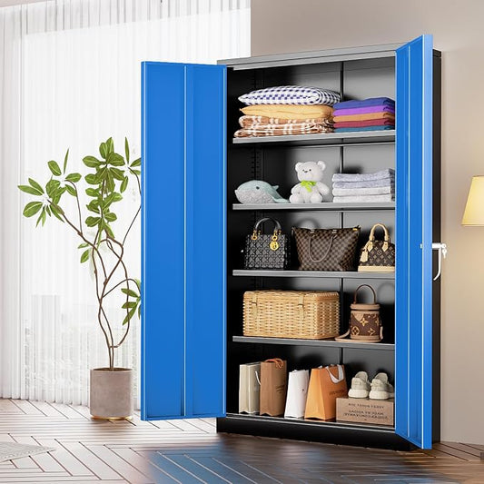 INTERGREAT Metal Storage Cabinet with Lock, 72" H Garage Cabinets with Doors and Adjustable Shelves, Lockable Metal Cabinets for Garage, Home, Office(Black-Blue)