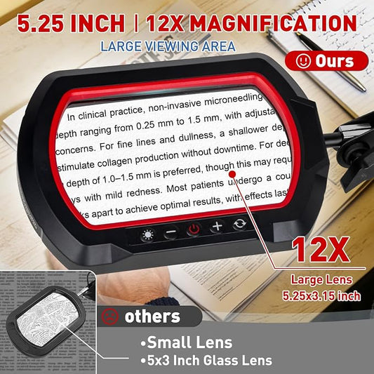 HITTI 12X Square Magnifying Glass with Light and Clamp, Ultra Long LED Desk Lamp with 5 Colors & Stepless Dimming | Hands-Free Workbench Lighted Magnifier Stand for Crafting, Repair,Painting- Red
