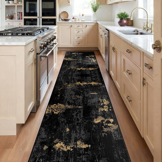 RELEANY Washable Area Rugs 2'x10' Non-Slip Modern Abstract Soft for Living Room Entryway Bedroom Kitchen, Print Pattern, Dark Black Gold