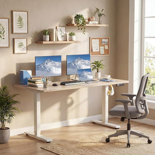 Electric Standing Desk with Power Outlets and USB-C Port, 55 x 24 Inches Adjustable Height Sit Stand Up Desk for Home Office, Adjustable Desk with Memory Preset and Wheels, Oak