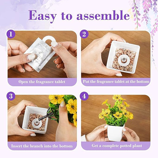 Der Rose 4 Pack Fake Plants with Scented Fragrance Tablets Artificial Flowers for Bathroom Bedroom Office Desk Spring Decor