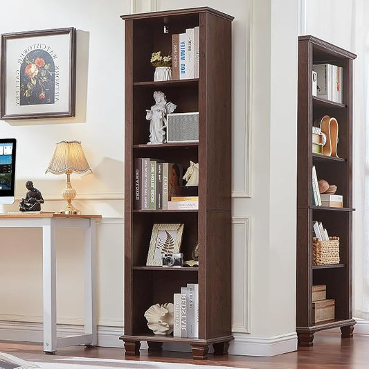SAVOR LIFE Narrow Walnut Book Shelf, 70" Tall Skinny Bookshelf with Adjustable Shelves & Wooden Legs, Farmhouse Wood Bookcase w/5-Tier Open Storage, Free Standing Book Case for Office, Living Room