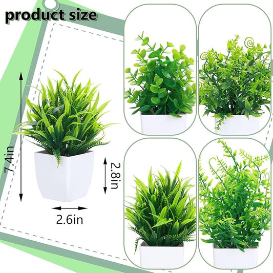 GREENTIME 4 Pcs Fake Plants Potted Small Artificial Plant Indoor Faux Greenery in White Pot for Home Office Bedroom Desk Bathroom Shelf Farmhouse Decorations