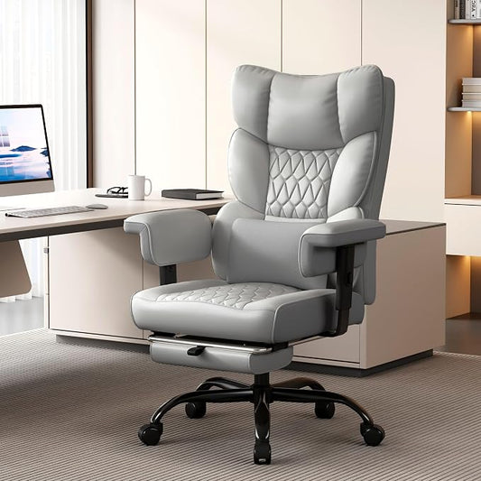 Misolant Big and Tall Office Chair with Footrest, High Back Executive Desk Chair with Adjustable Lift Armrest, 155°Recline,Lumbar Support Pillow, Faux Leather Gaming Chairs for Home or Office Gray