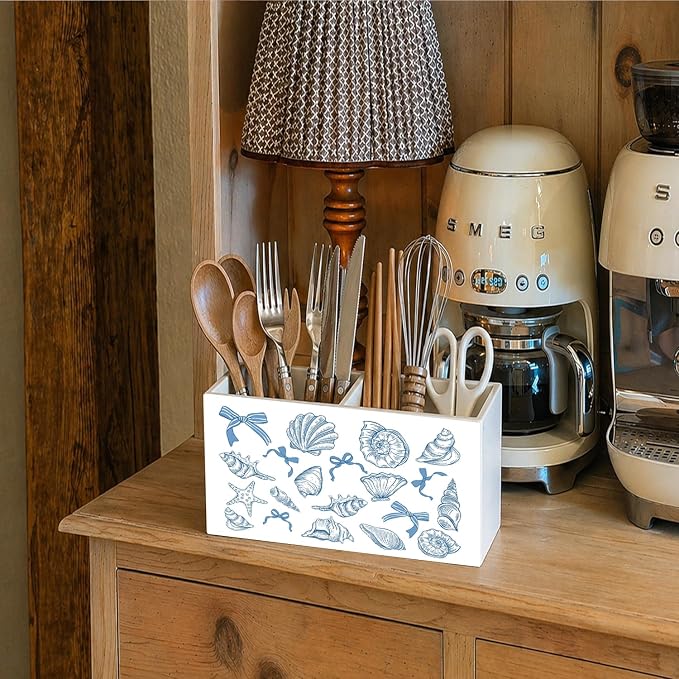 Blue Coastal Beach Pen Pencil Holder for Desk, Bow Pencil Holders Wooden Box Organizer for Home Office Bedroom Desk Tabletop