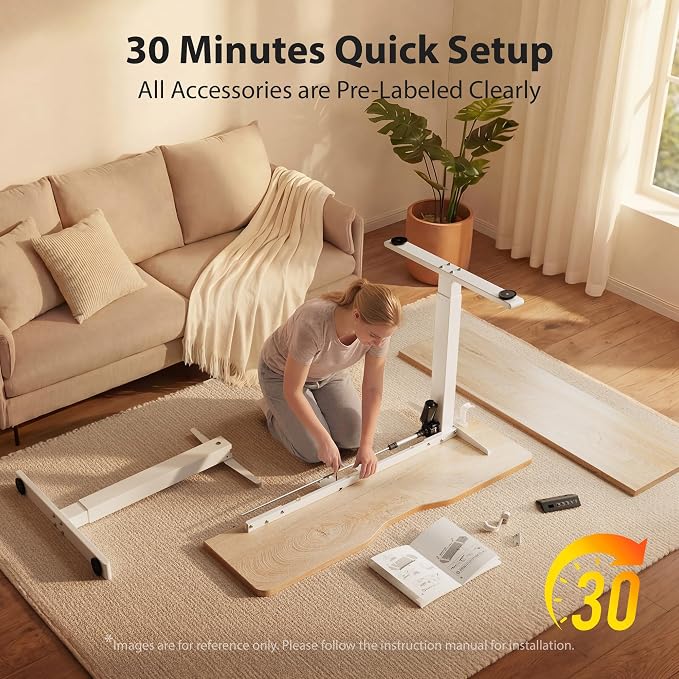 Cubiker Standing Desk, 55x24 Inches Sit Stand Home Office Desk, Electric Stand up Desk, Adjustable Desk with Splice Board, White Frame/Maple Top