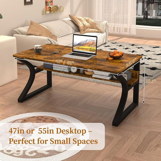 47'' Computer Desk Home Office Desk, Modern Computer Desk w/U Shaped Metal Frame, Storage Shelves, PC Table Study Writing Desk Workstation for Home Office (47inch/Brown)