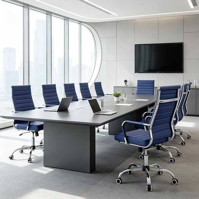 Home Office Chair Ribbed,Modern Leather Conference Room Chairs,Ergonomic Office Desk Chair, High Back Executive Computer Chair, Adjustable Swivel Chair with Arms (Blue)