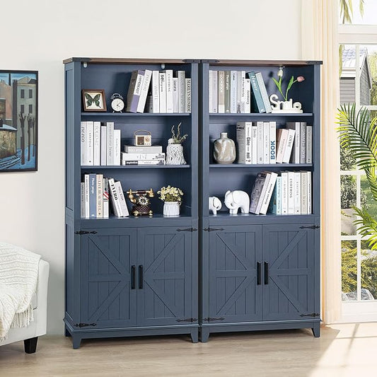 Joaxswe 5 Tier Bookshelf 70in Tall Bookcase with Barn Doors and Storage Cabinet, Blue Farmhouse Book Shelf with Adjustable Shelves, Wood Freestanding Display Bookshelves for Bedroom, Kitchen (3PCS)