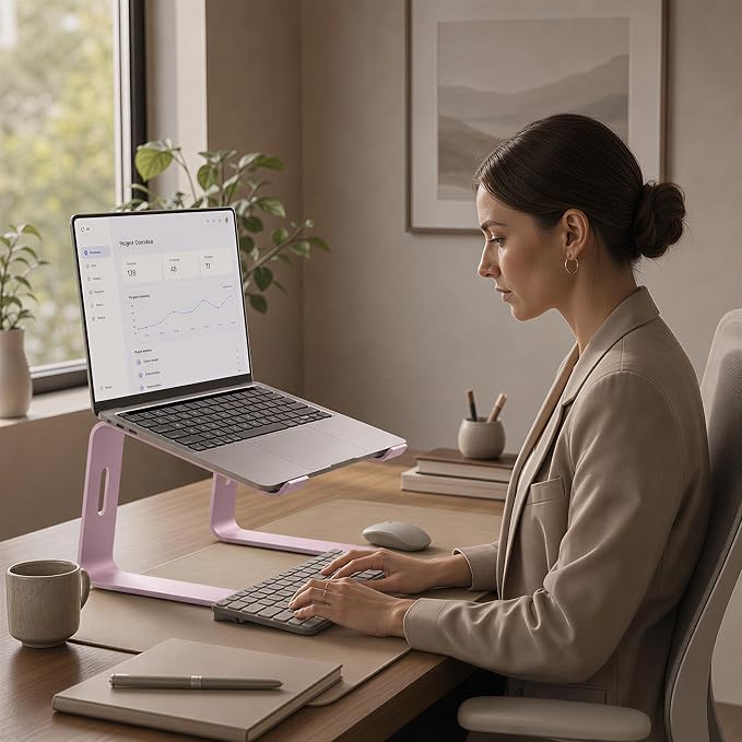 Orionstar Ergonomic Laptop Stand, Premium 5mm Aluminum Riser for 10-15.6 Inch Notebook Computer, Tool-Free Detachable Elevator Holder for Desk Office, Sturdy Riser for Eye-Level Neck Relief (Pink)