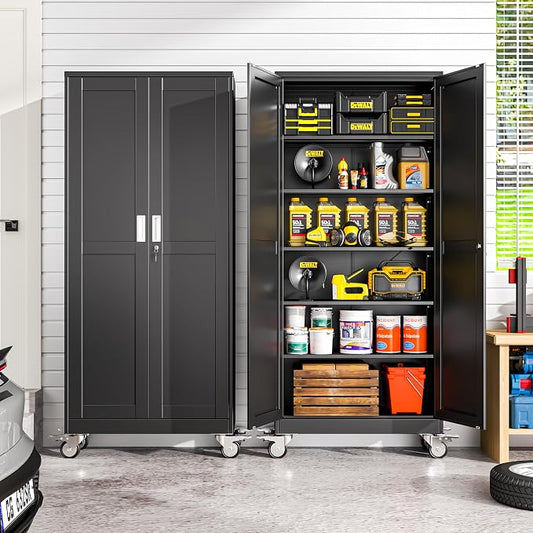 winiowa 75" Tall Metal Garage Storage Cabinet with Wheels, Steel Locking Rolling Tool Cabinet with 5 Adjustable Shelves for Garage,Home,Office (Black)