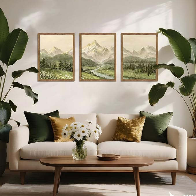 Framed Mountain Wall Art for Living Room, Green Nature Landscape Canvas Wall Decor Set of 3, Vintage Forest Rustic Farmhouse Prints Pictures Paintings for Office Bedroom 12x16 Inch