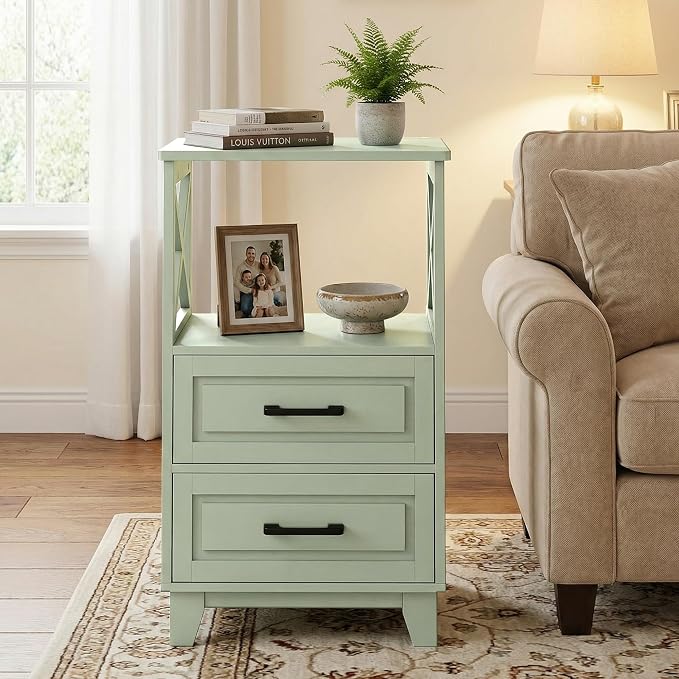 RoyalCraft 30" Tall Nightstand, Modern Painted Bedside Table with 2 Drawers and Open Shelf, Wood Side Table for Bedroom, Home Office, Green-Open Shelf Above, Set of 2