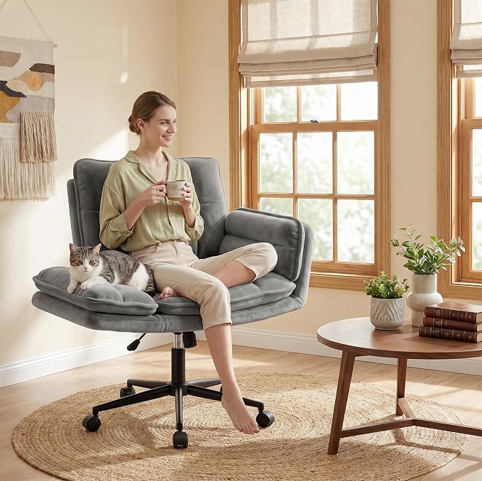 Criss Cross Chair with Wheels, Ergonomic Office Chair with Adjustable Armrests, Vanity Chair with Back for Bedroom, Makeup Room and Office Room, Grey