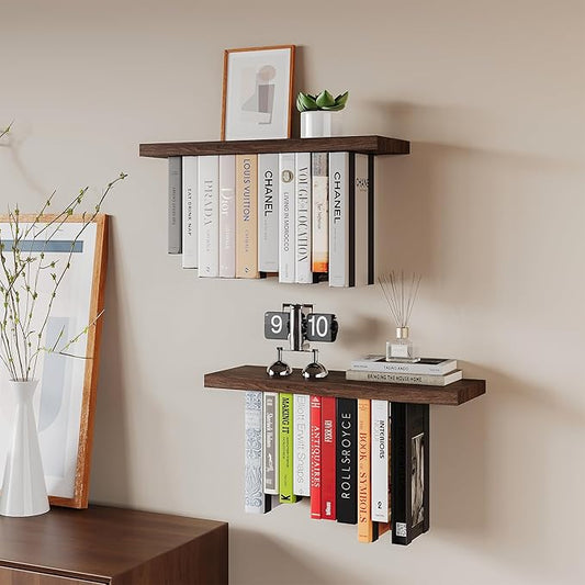 Floating Bookshelves for Wall, Rustic Wood Hanging Wall Bookshelf, Upside Down Book Shelf and Wall Mounted Bookshelves for Home Decor in Bedroom, Living Room, Carbonized, 2 Pack