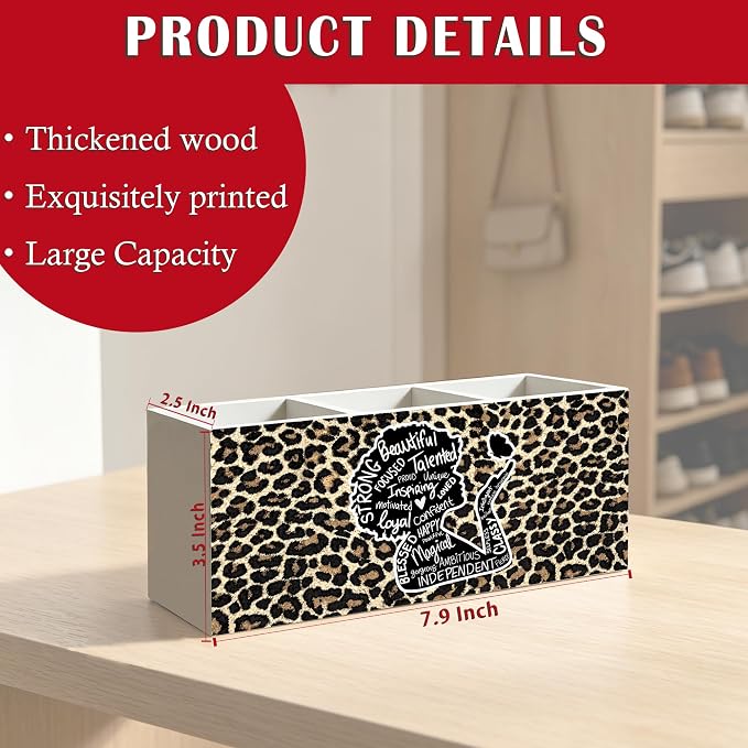Inspirational Black Girl Woman Leopard Print Makeup Brush Toothbrush Holder for African American Women, Black Girl Magic Cheetah Print Wood Signs Pen Pencil Holder Organizer Desk Accessories