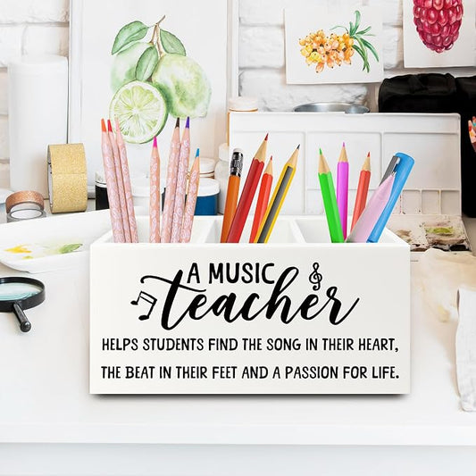 Music Teacher Pen Pencil Holder Organizer for Desk, Music Teacher Gifts, Teachers Appreciation Gifts for Women Men Wooden Box Sign for Office Workplace Classroom Desk Tabletop Decorations