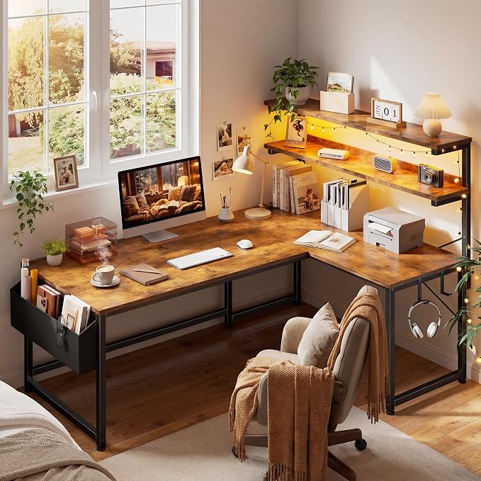 DurayLoly 53'' L Shaped Desk Gaming Desk with LED Light & 5 Power Outlet, Reversible Computer Desk with Shelves & Storage Bag & Hook for Home Office, Rustic Brown