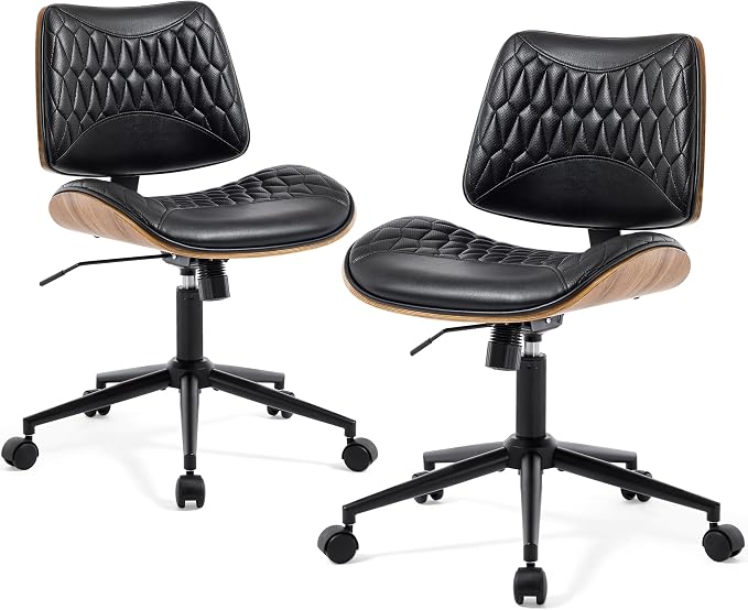 Walnut Bentwood Mid Back Armless Office Chair 2 Pack, Adjustable Height PU Leather Swivel Desk Chair with Wheels, Rolling Computer Task Chair for Home Office, Study, Meeting Room