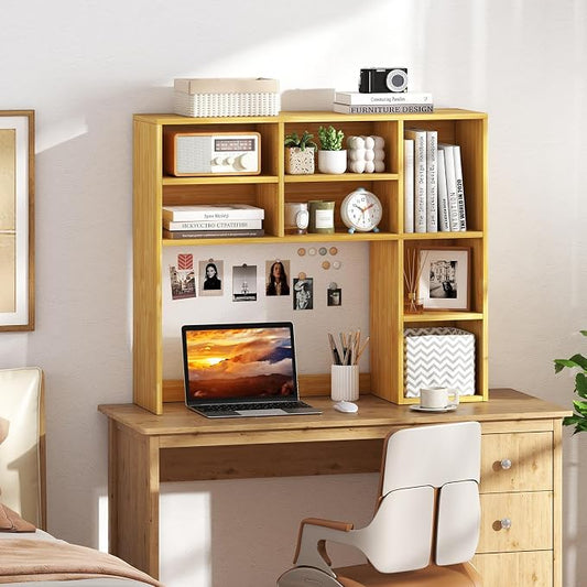 GOFLAME 7 Cubes Desktop Bookshelf, 37” Desk Organizer Shelf with 3 Adjustable Shelves, 3-Tier Wood Countertop Display Rack, Multipurpose Tabletop Desk Hutch for Dorm, Home Office, Burlywood