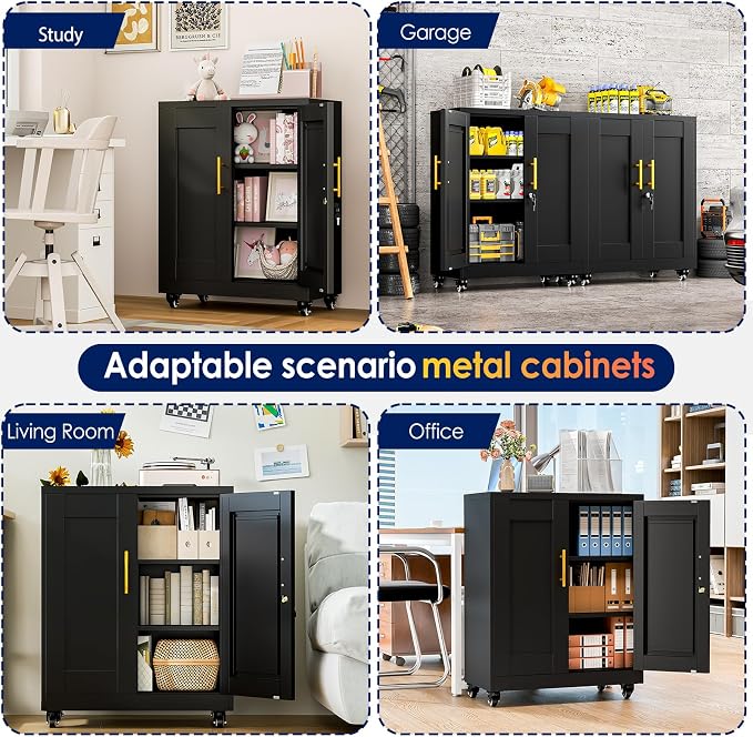 erosoei 35" H Metal Garage Storage Cabinet, Rolling Tool Cabinet with 2 Doors and Wheels, Locker Steel Cabinet with 2 Adjustable Shelves, Organization Cabinet for Garage,Office,Home,Gym,School(Black)