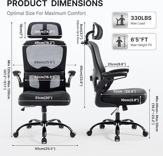 Ergonomic Office Chair, 330lbs Mesh Desk Chair with Adjustable Lumbar Support, 3D Headrest and Flip-Up Arms, Comfortable High Back Computer Chair for Home Office