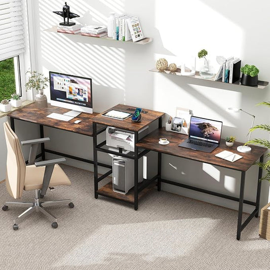 Tangkula 97" Extra Long 2-Person Computer Desk with Power Outlet, Home Office Computer Workstation with Printer Stand, Metal Mesh Shelf & CPU Stand, Double Gaming Table (Rustic Brown)