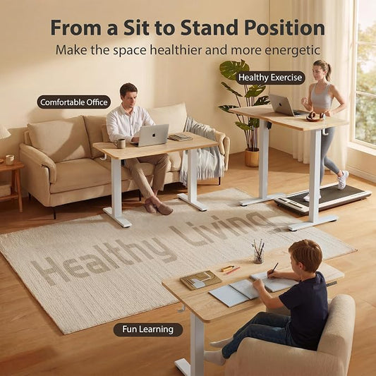Cubiker Standing Desk, 40x24 Inches Sit Stand Home Office Desk, Electric Stand up Desk, Adjustable Desk with Splice Board, White Frame/Maple Top