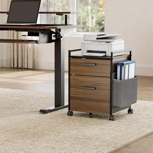 EUREKA ERGONOMIC 2 Drawer Mobile File Cabinet with Wheels, Solid Wood Rolling Storage Cabinet for Home Office, Space-Saving Under Desk Organization with Printer Stand, Walnut
