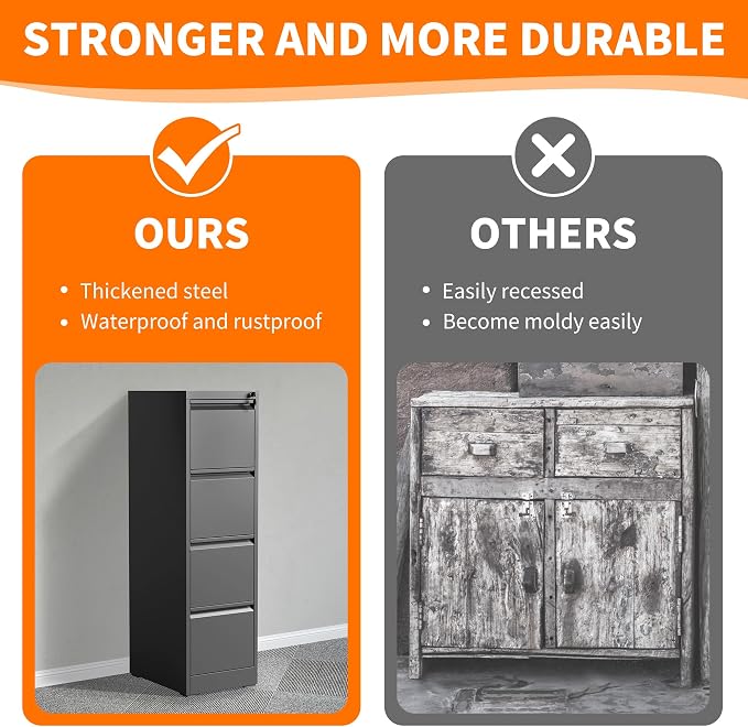 4 Drawer Metal File Cabinet with Lock Heavy Duty Lockable Filing Cabinets Home Office Steel File Cabinet Black Vertical File Cabinets for Legal/Letter Size File,Assembly Required