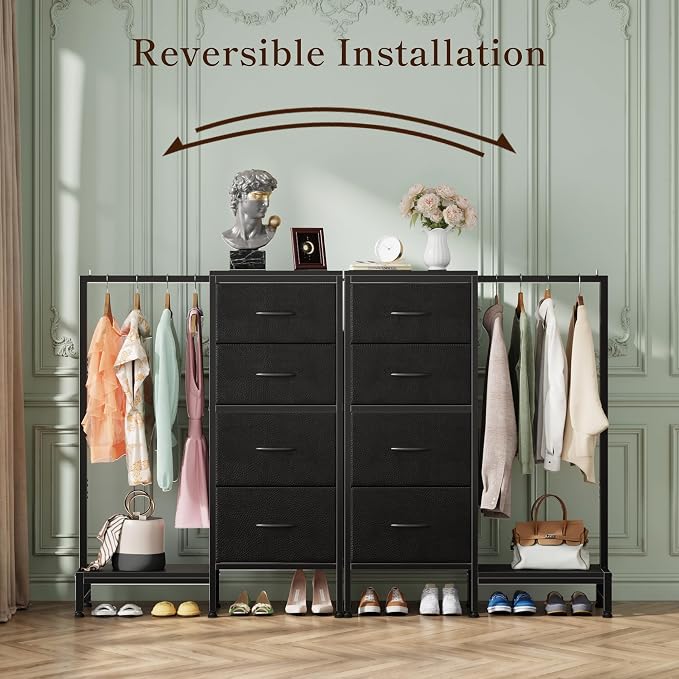 HIGDBFE Dresser with Hanging Rack, 4 Drawers Small Closet for Bedroom, Reversible Fabric Kids Chest of Drawers with Clothes Rack, Tall Storage Tower, Sturdy Frame, Black, 44''H