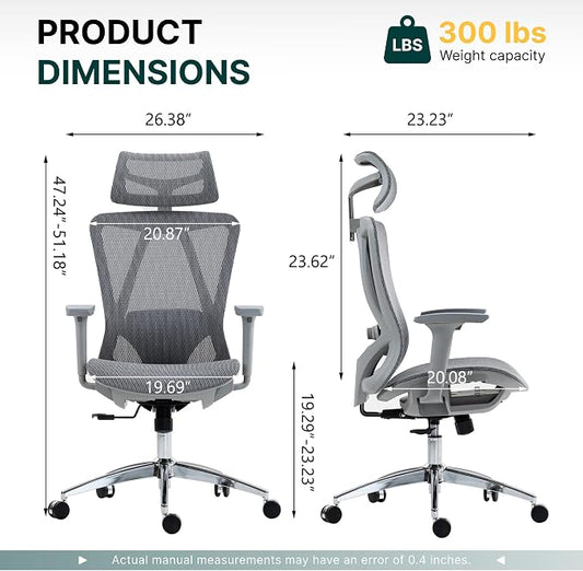 Ergonomic Mesh Office Chair, 3D Adjustable Armrests Desk Chair with 360° Swivel Silent Casters, 90°-120° Reclining Backrest Adjustable Gaming Chair for Home Office