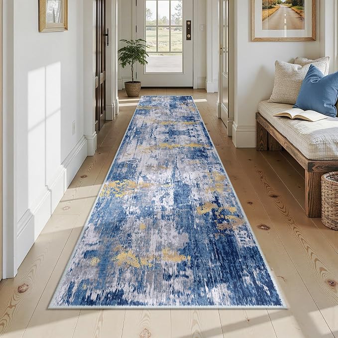 RELEANY Washable Area Rugs 2'6"x12 Non-Slip Modern Abstract Soft for Living Room Entryway Bedroom Kitchen, Print Pattern, Grey Blue Gold/Golden