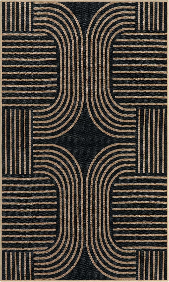 Lahome Enfys Modern Geometric Outdoor Easy Jute Rug, 3x5 Indoor Outdoor Rugs for Entryway Black Living Room Carpet, Farmhouse Washable Non Slip Carpet for Patio Courtyard Bedroom