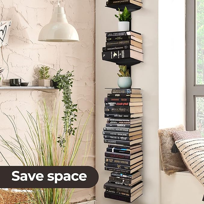 Floating Book Shelves for Wall, 6 Tier Invisible Floating Bookshelf, Vertical Spine Book Tower, Wall Mounted & Space Saving, Heavy Duty Metal Book Organizer for Home Office, 3 Pack Black