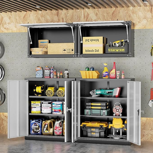 INTERGREAT Metal Garage Storage Cabinet, 36" Lockable Storage Cabinet with 2 Doors and 2 Adjustable Shelves, Steel Grey White File Cabinet Great for Home Office, Garage, Warehouse, Study Room