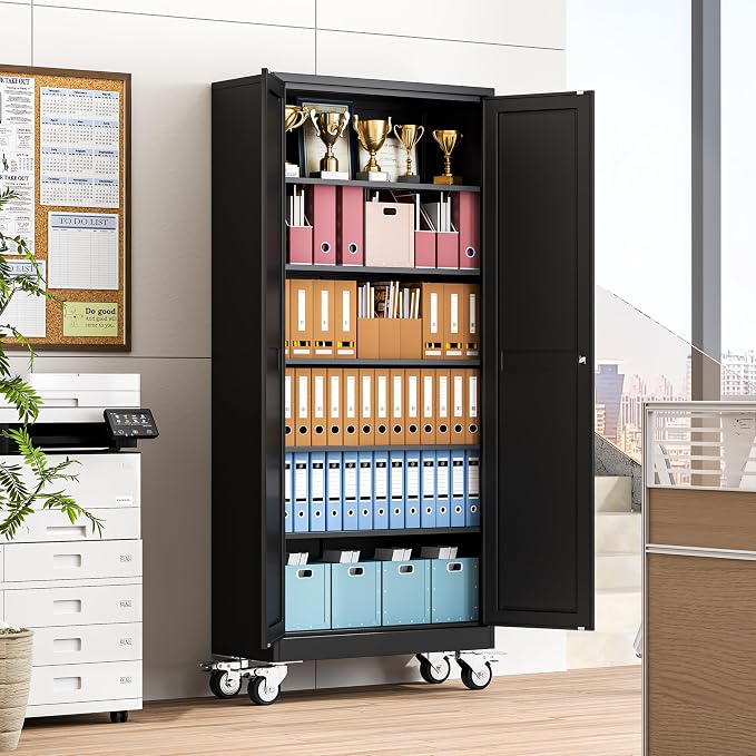 winiowa 75" Tall Metal Garage Storage Cabinet with Wheels, Steel Locking Rolling Tool Cabinet with 5 Adjustable Shelves for Garage,Home,Office (Black)