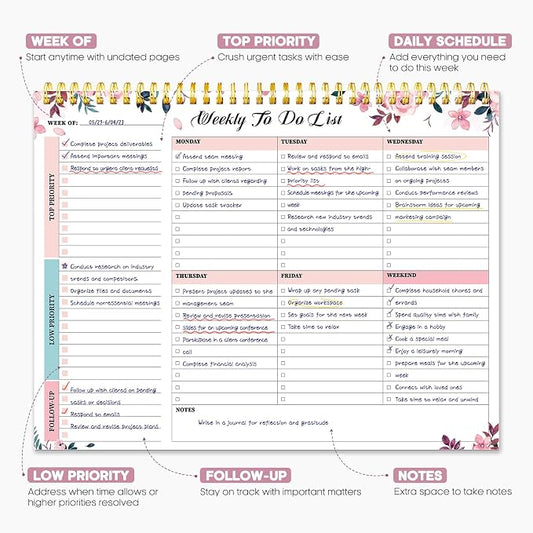 Taja Weekly To Do List Notepad with 52 Undated Sheets(8.5"×11")- Weekly Desk Planner for Women & Man, Work and Home - 1 Pack Whispering Petal