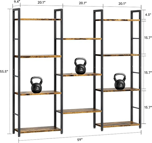 Shintenchi Triple Column 4 Tier Bookshelf, Industrial Large Bookcase Display Shelves, Large Etagere Bookshelf,Wide Book Shelf Book Case for Home & Office, Rustic Brown