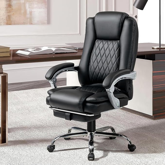 Massage Office Chair with Foot Rest - Ergonomic Executive Chair, High Back Reclining Leather Desk Chair with 135° Recline, 400 LBS, 6-Point Vibration and Heat, Classic