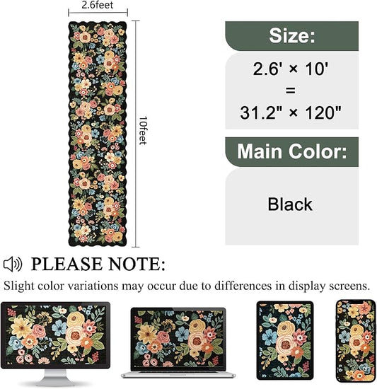 DUKINO 2.6x10 Runner Rug for Hallway, Lightweight Washable Floral Kitchen Rug with Non Shedding, Soft Low Pile & Non Slip Backing Boho Runner for Entryway, Bathroom, Laundry, Bedroom, Black