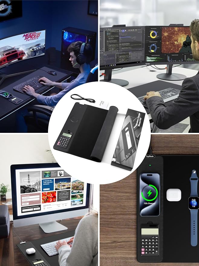 TopMade Mouse Pad with 15W Wireless Charging, Removable 8-Digit Solar Calculator, 31.5" x 15.75" XXL Large Desk Pad, Gaming Computer Keyboard Pad, Waterproof Mousepad Home Office Desk Mat, Black