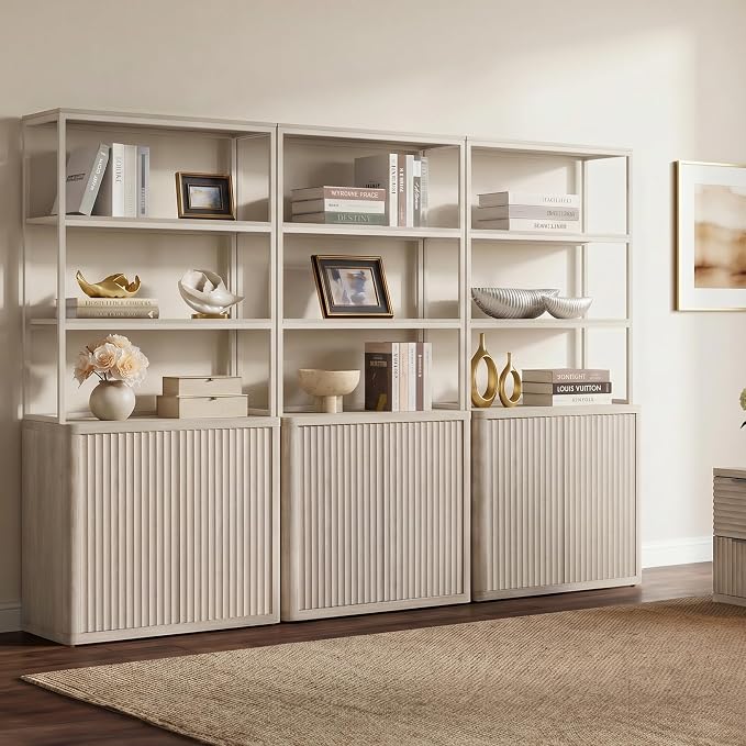 SICOTAS Book Shelf Fluted Bookshelf 71" Tall Bookcase with Doors Storage 5 Tier Mid Century Modern Bookshelves Large Shelves Metal Book Cases for Living Room Office Kitchen Library