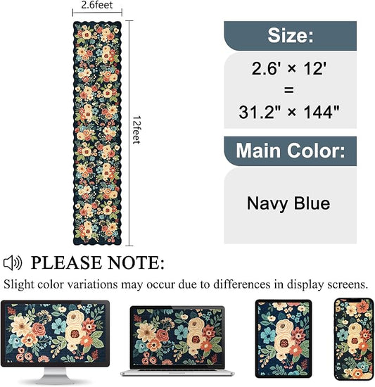 DUKINO 2.6x12 Runner Rug for Hallway, Non Slip Floral Washable Kitchen Rug with Low Pile Design, Boho Stain Resistant Floor Carpet Runner for Entryway, Bathroom, Laundry, Bedroom, Navy Blue
