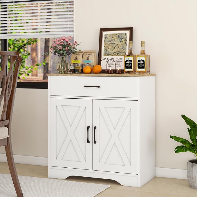 Panana Wooden Cabinet 1 Drawer and 2 Doors Storage Cupboard Coffee Bar Sideboard Farmhouse Entryway Organizer Console (White)